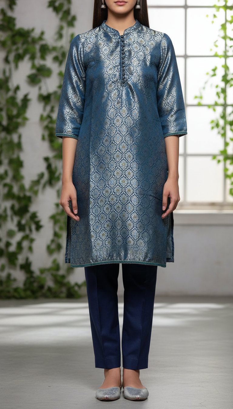 Teal Blue Jamawer Shirt With Stitching Details PS6086