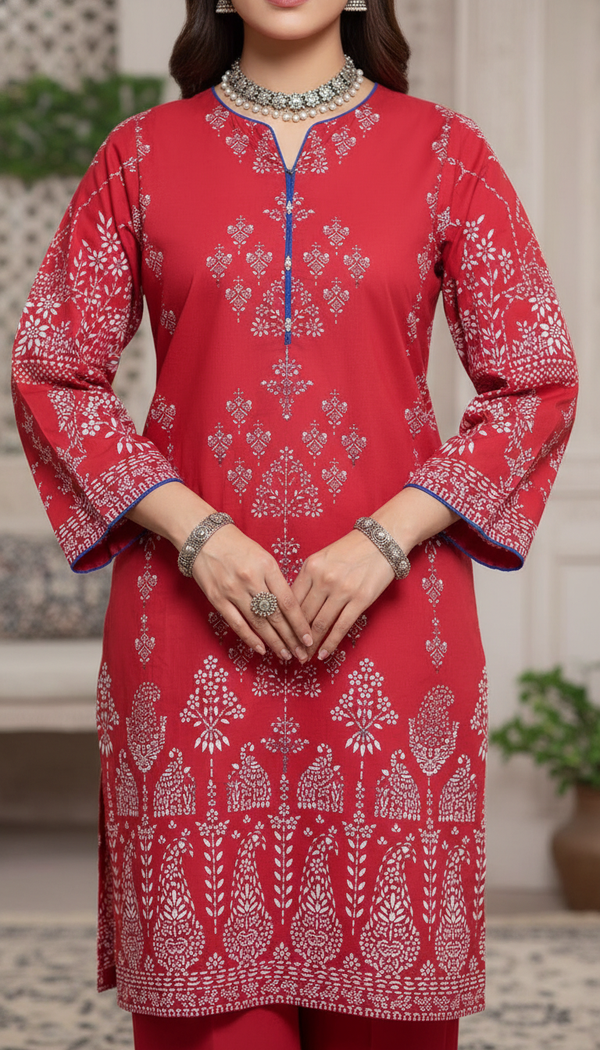 Red Digital Printed Cambric Shirt PS6115