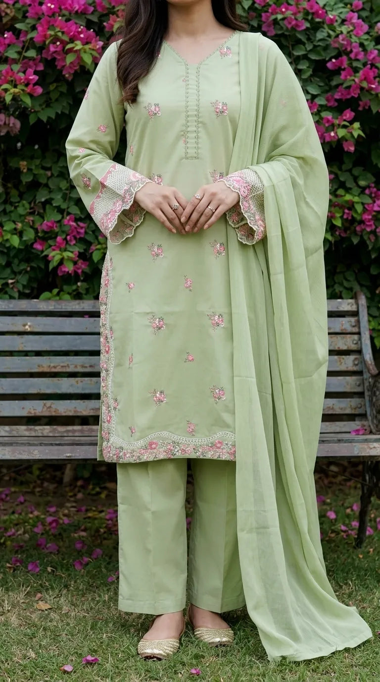 3 PC Embellished Cambric Stitched Suit PS619611