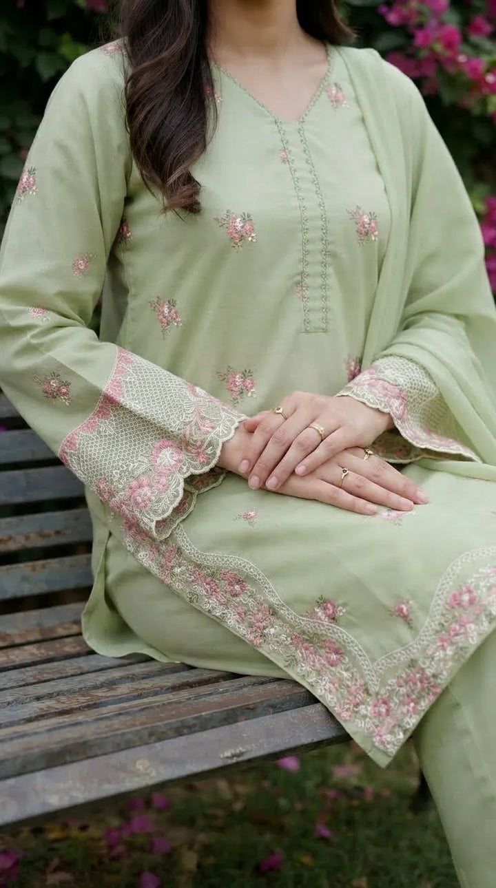 3 PC Embellished Cambric Stitched Suit PS619611