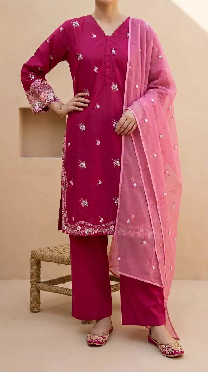 3 PC Embellished Cambric Stitched Suit PS619659