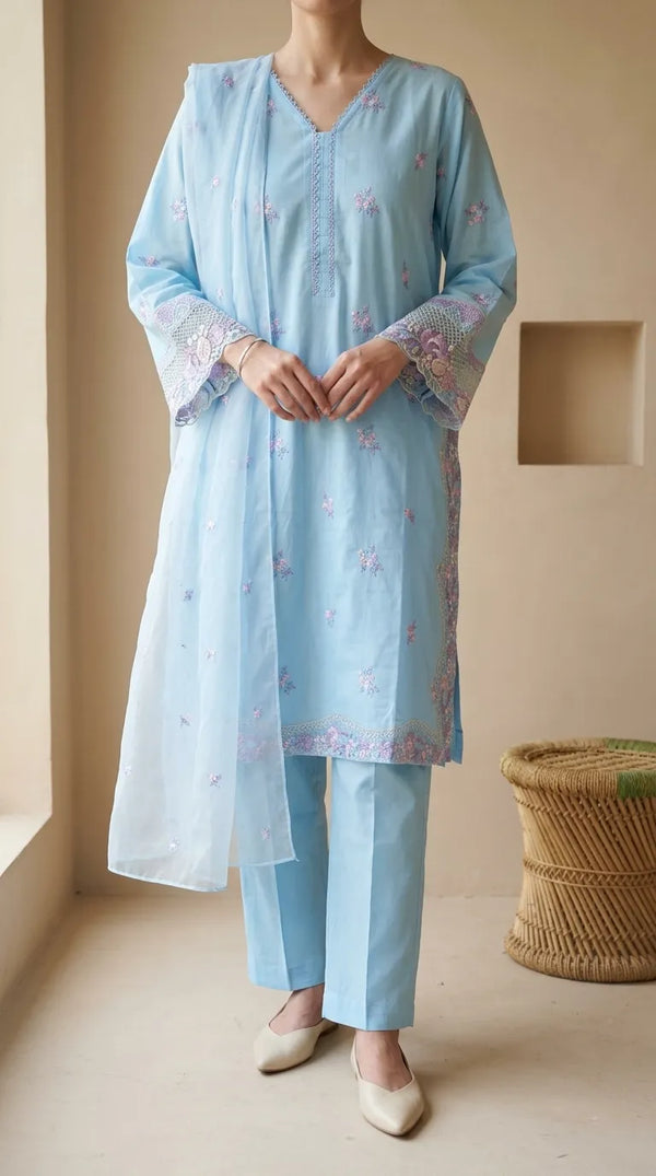 3 PC Embellished Cambric Stitched Suit PS619690