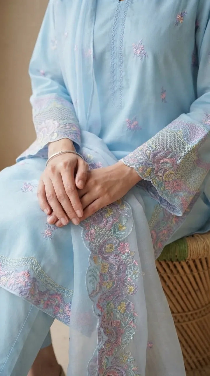 3 PC Embellished Cambric Stitched Suit PS619690