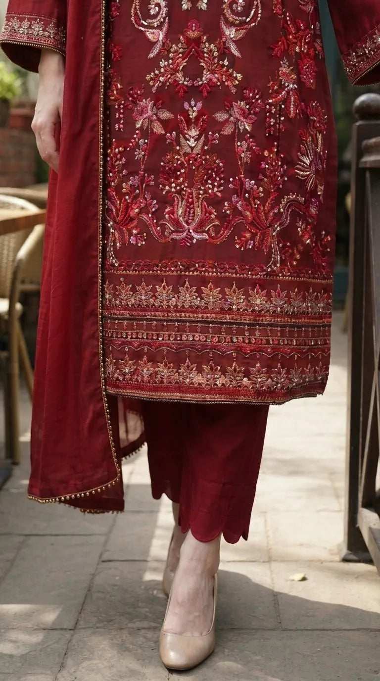 3 PC Embellished Cambric Stitched Suit PS627113