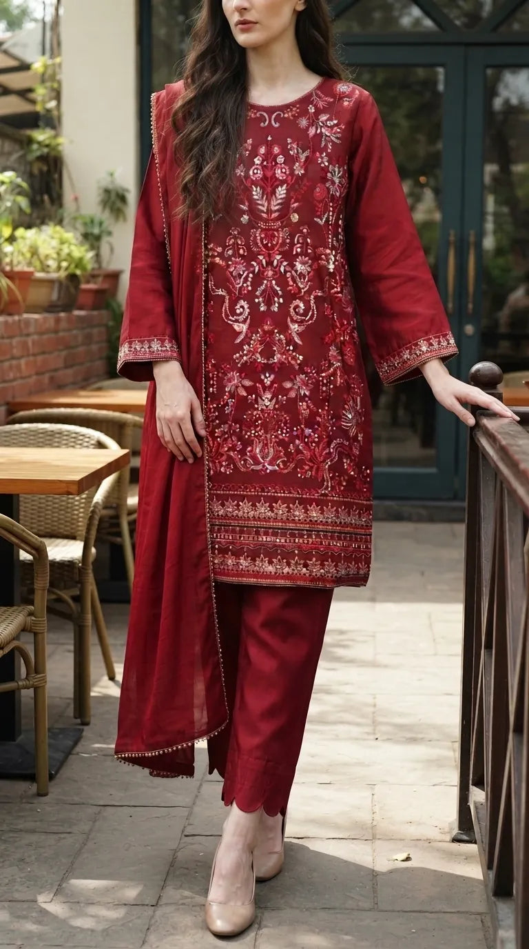 3 PC Embellished Cambric Stitched Suit PS627113