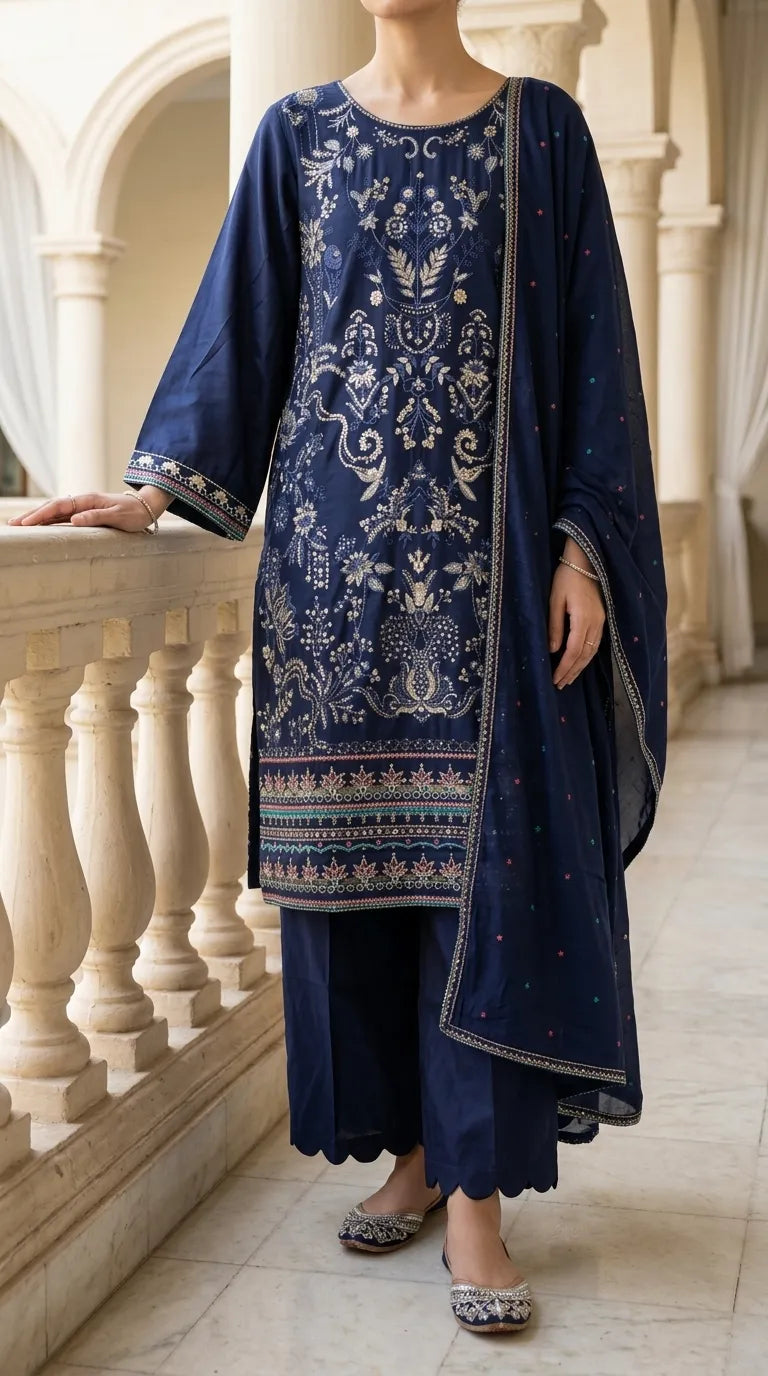 3 PC Embellished Cambric Stitched Suit PS627148