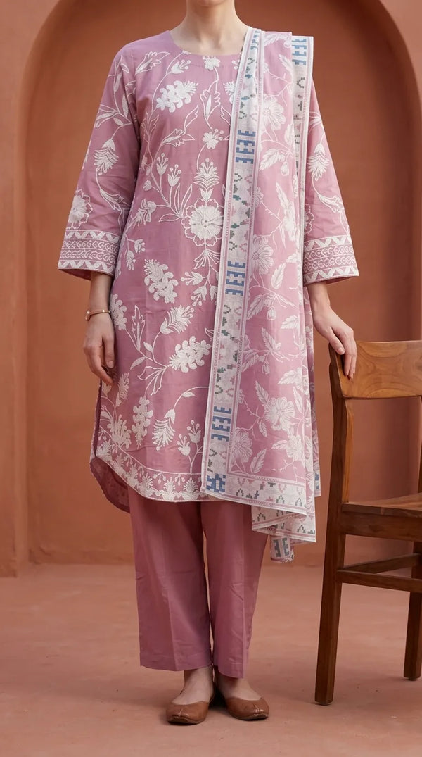 3 PC Embellished Cambric Stitched Suit PS627618