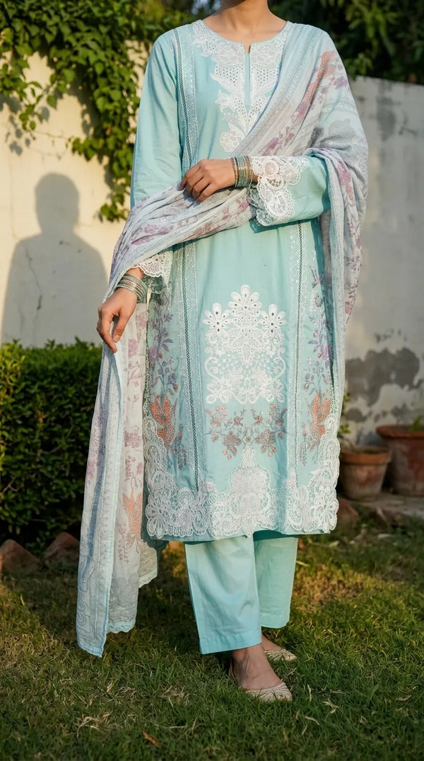 3 PC Embellished Cambric Stitched Suit PS628012