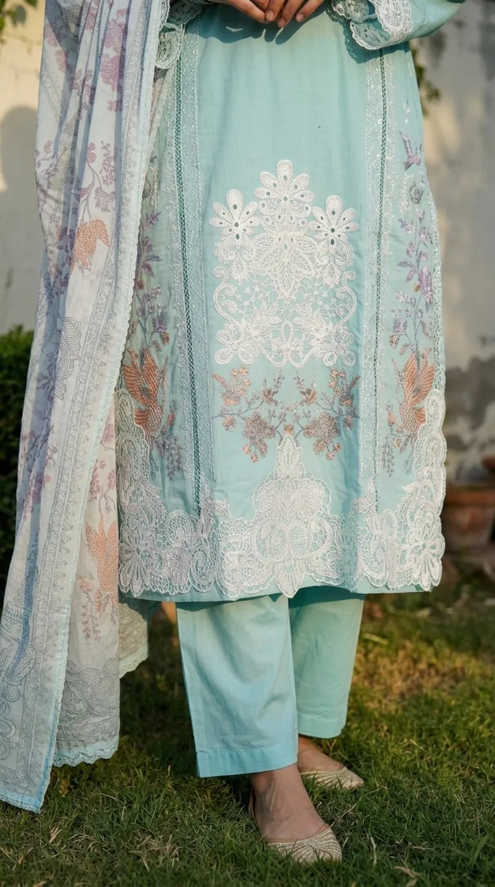 3 PC Embellished Cambric Stitched Suit PS628012
