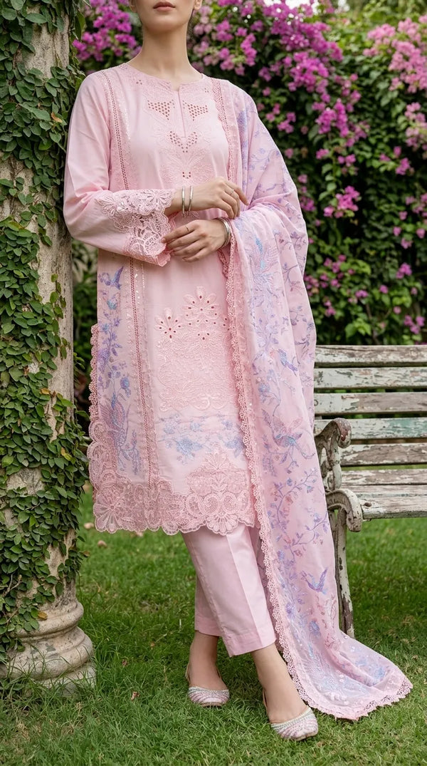 3 PC Embellished Cambric Stitched Suit PS628023