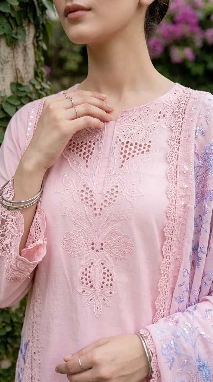 3 PC Embellished Cambric Stitched Suit PS628023