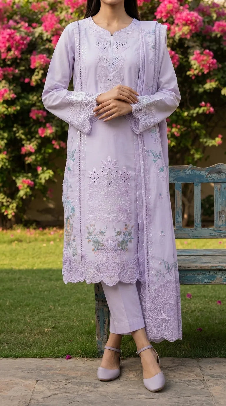 3 PC Embellished Cambric Stitched Suit PS628066