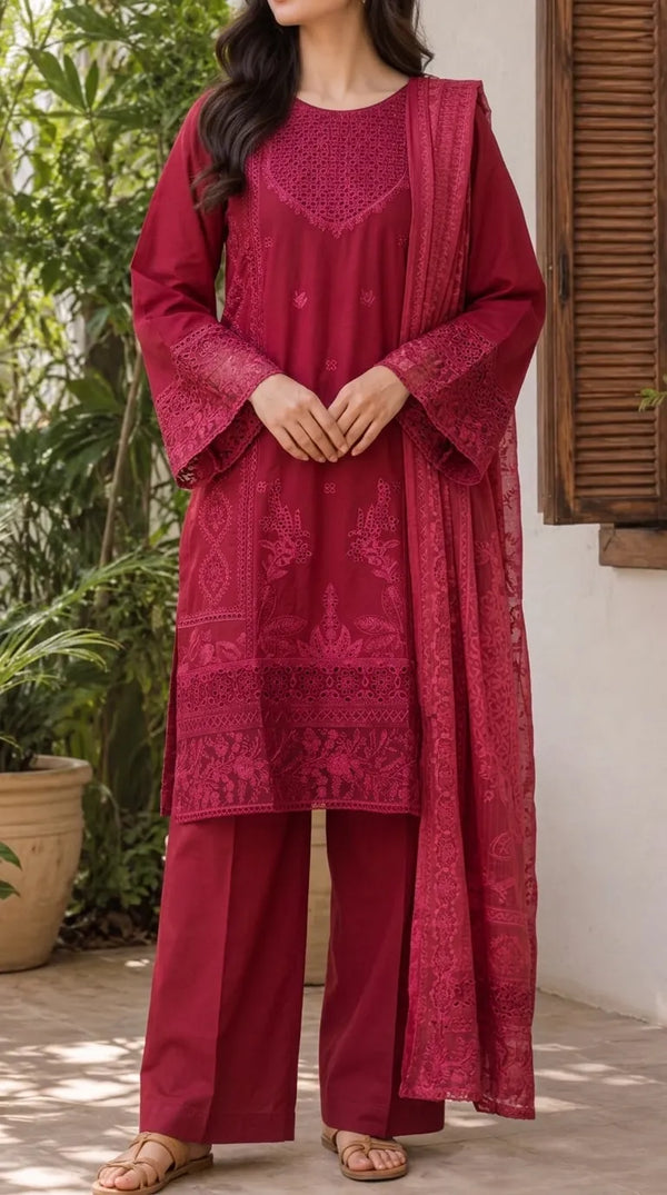 3 PC Embellished Cambric Stitched Suit PS628205