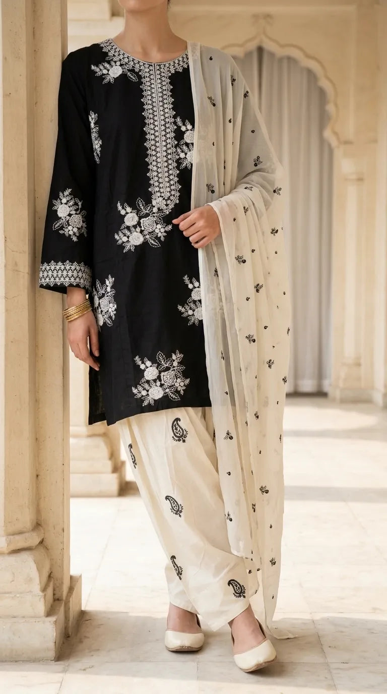 3 PC Embellished Cambric Stitched Suit PS630001