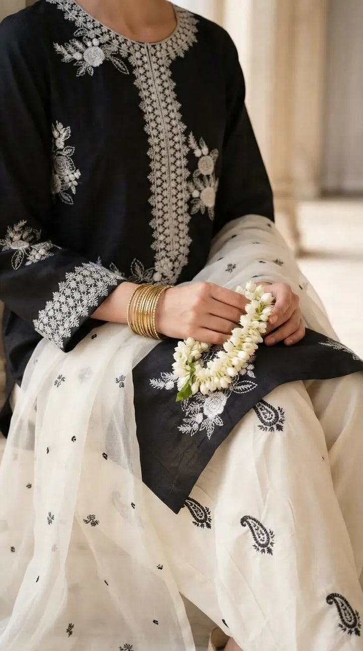 3 PC Embellished Cambric Stitched Suit PS630001