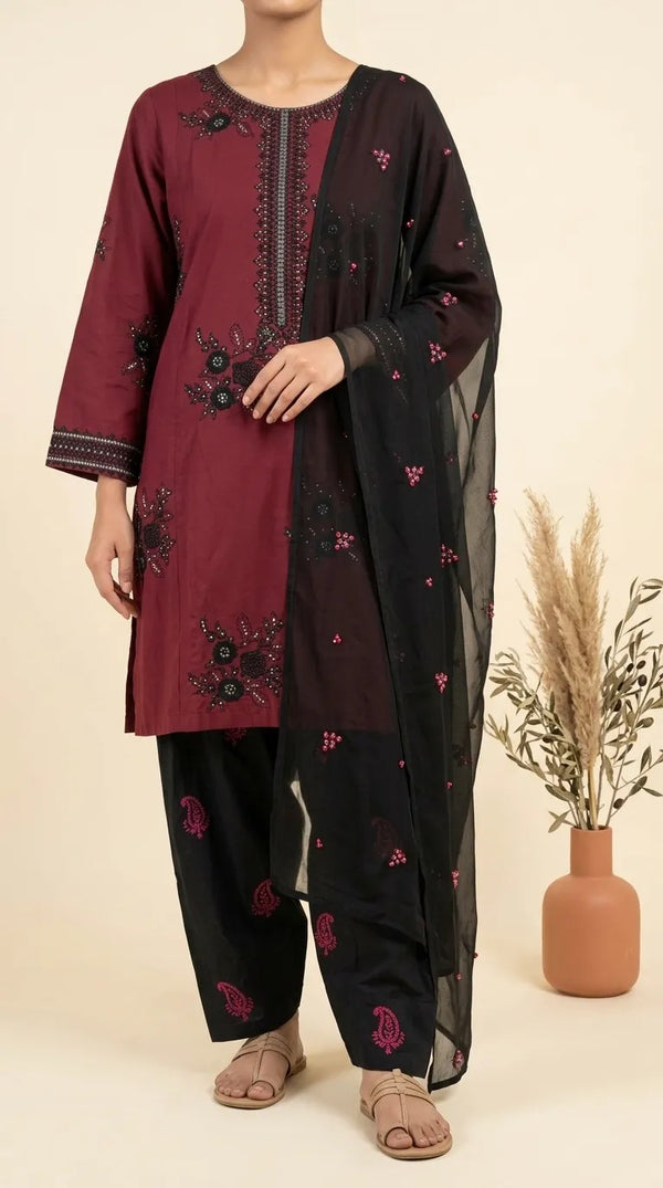 3 PC Embellished Cambric Suit PS630013