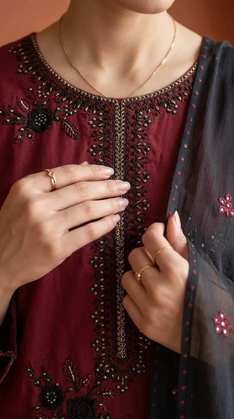 3 PC Embellished Cambric Stitched Suit PS630013