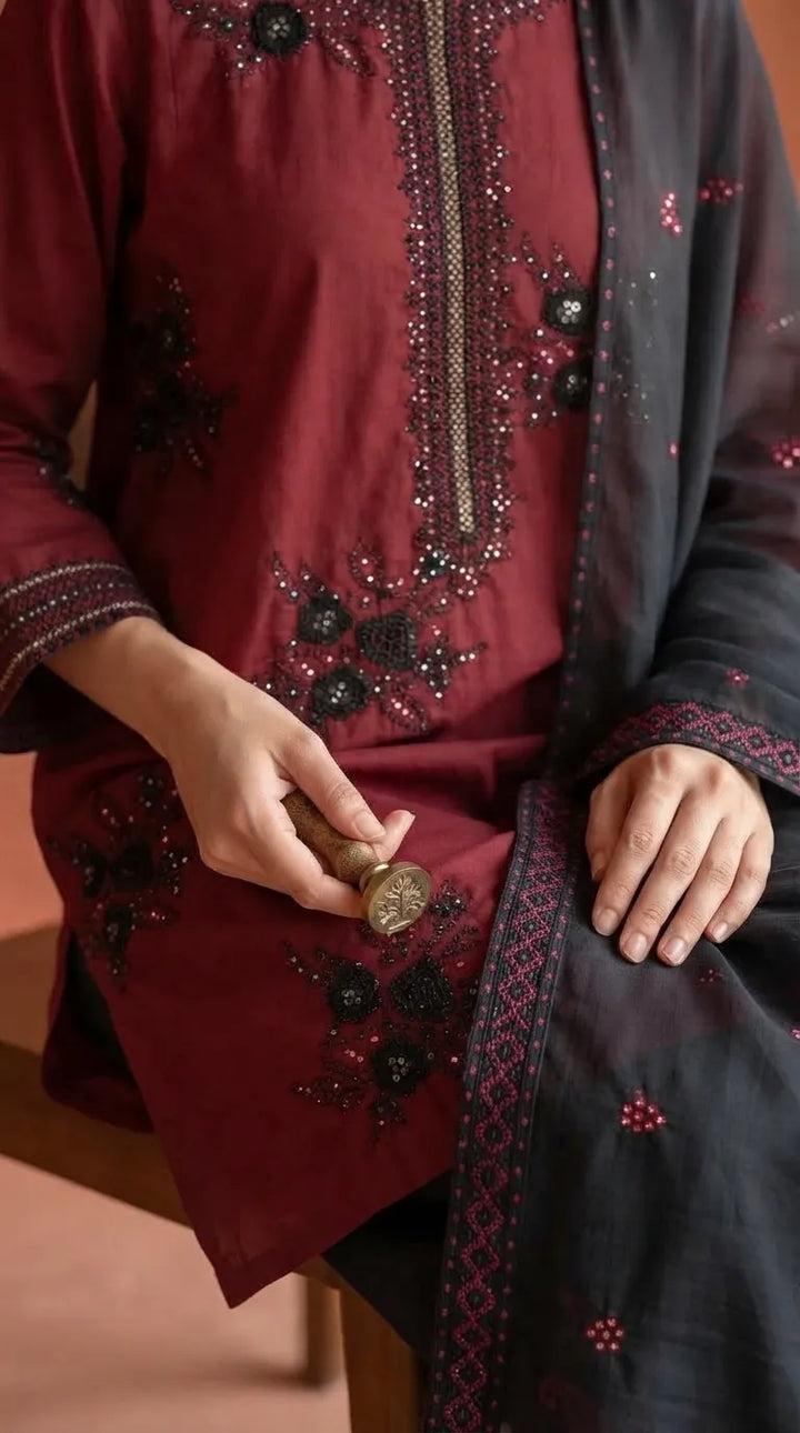 3 PC Embellished Cambric Stitched Suit PS630013