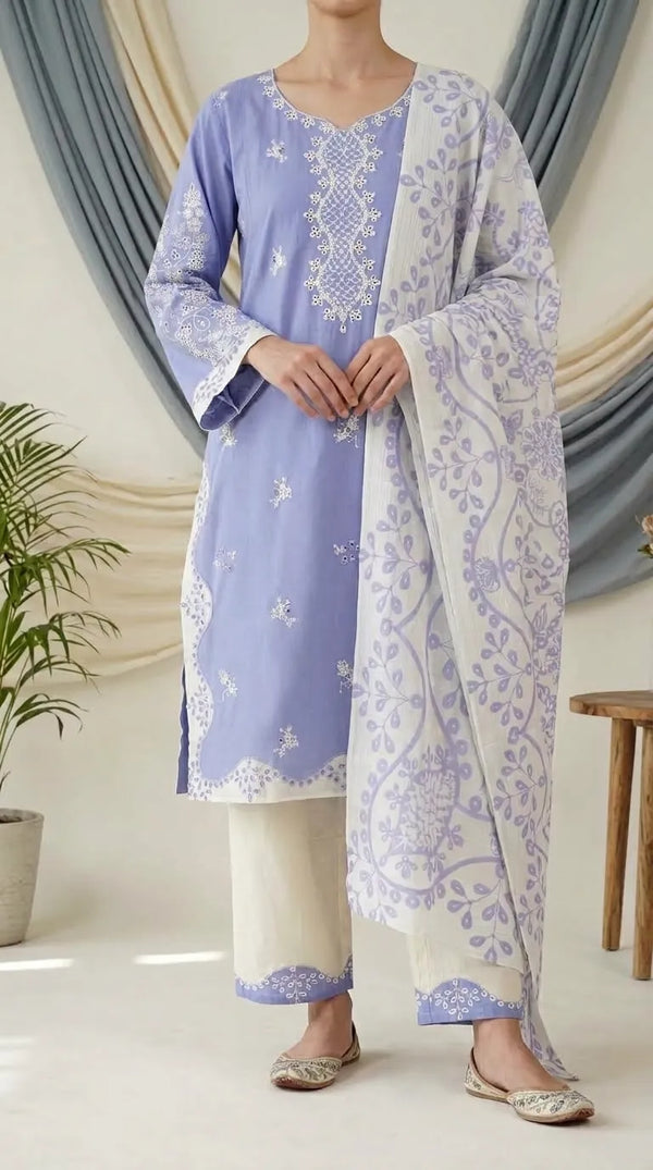 3 PC Embellished Cambric Stitched Suit PS630166