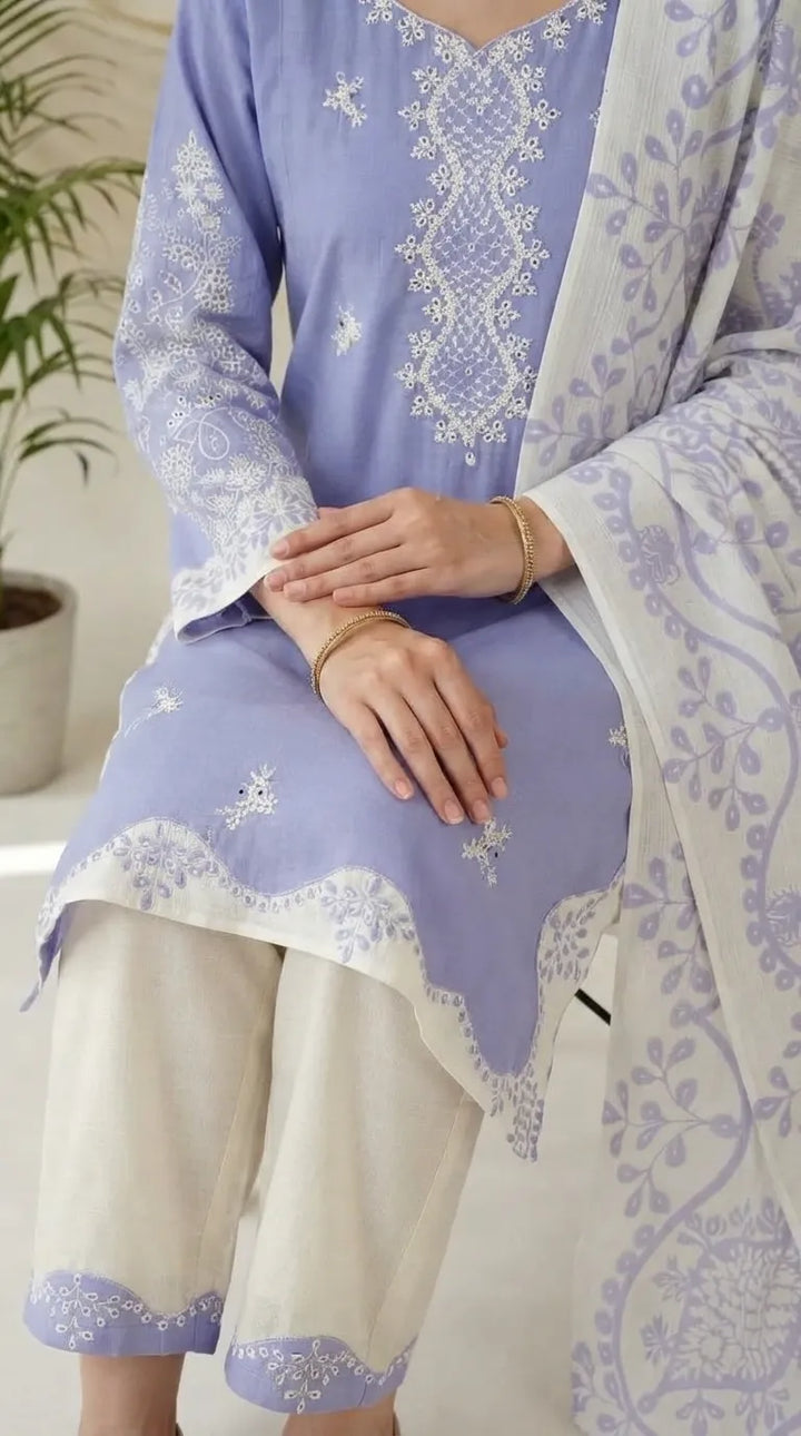 3 PC Embellished Cambric Stitched Suit PS630166