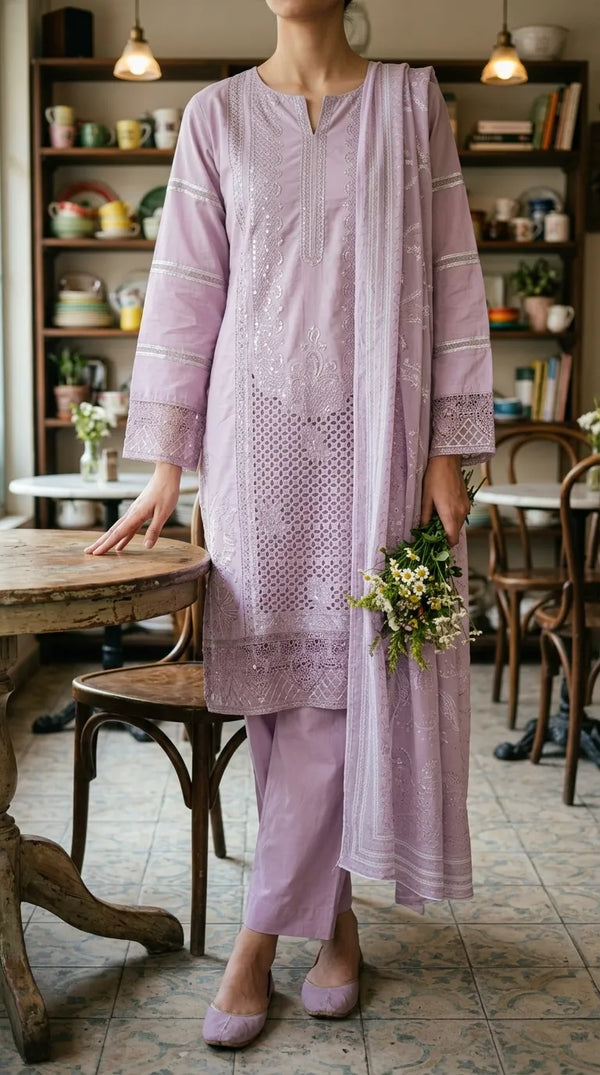 3 PC Embellished Cambric Stitched Suit PS6302B1
