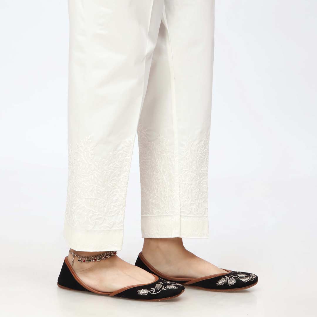 Cream Embroidered Cambric Slim Fit Trouser PW3674