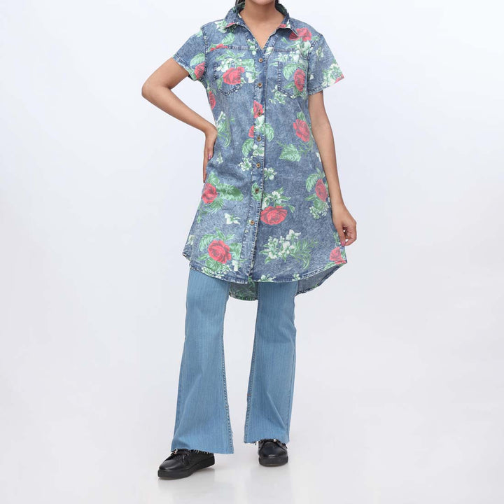 Denim Floral Button Through Shirt PW3968