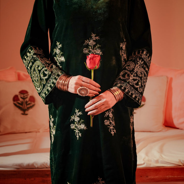 2PC- Embroidered Velvet Shirt With Jamawar Trouser PW4241