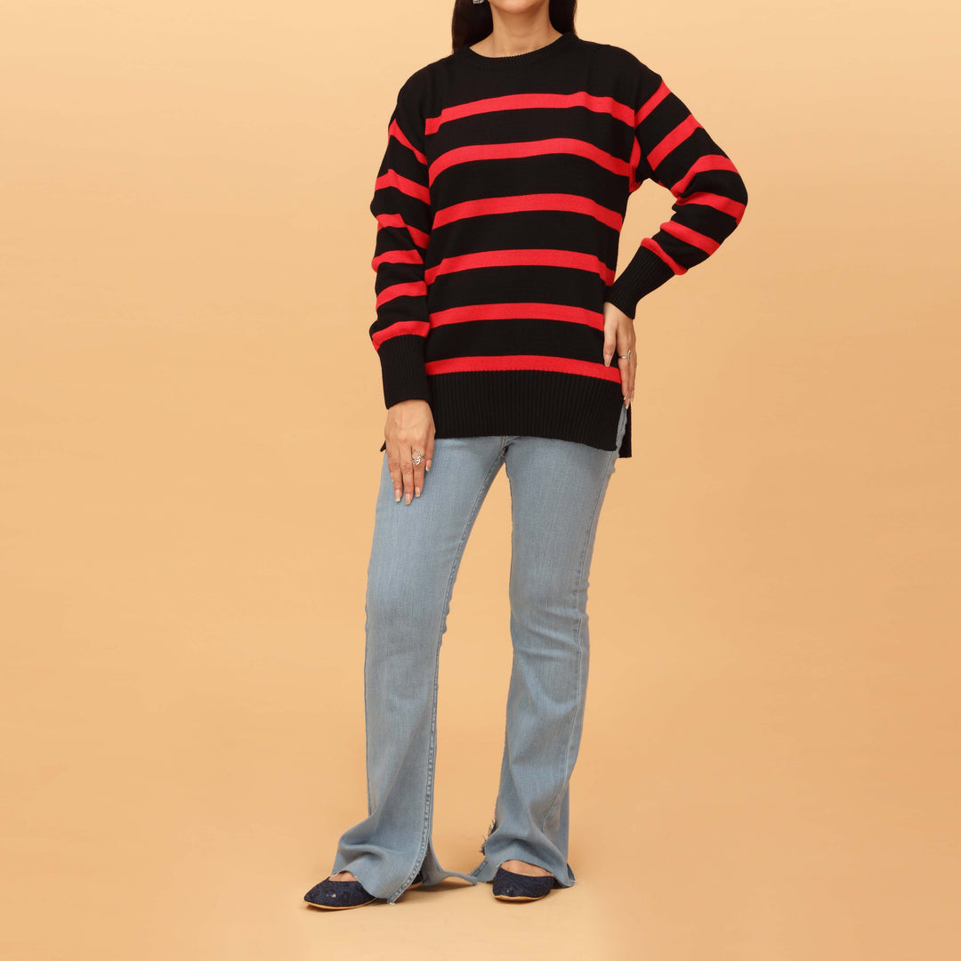 Black Striper Cotton Sweater PW4809