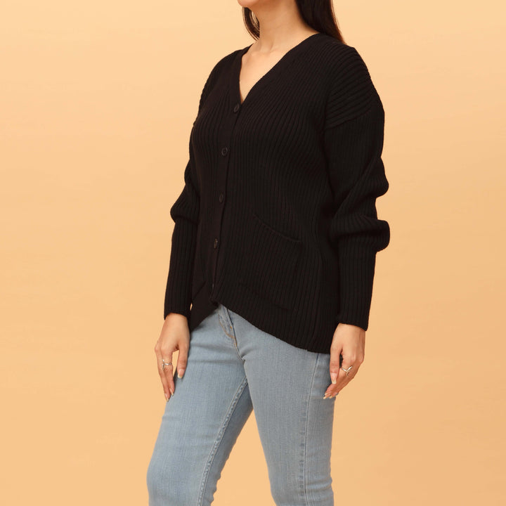 Black Plain Cotton Sweater with Pockets PW4818