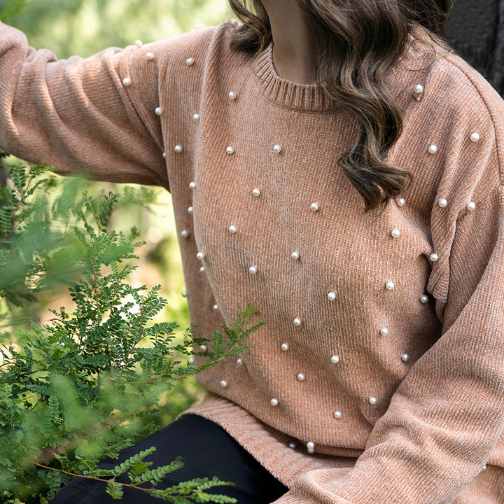 Beige Velvet Sweater with Beads on Front PW4829