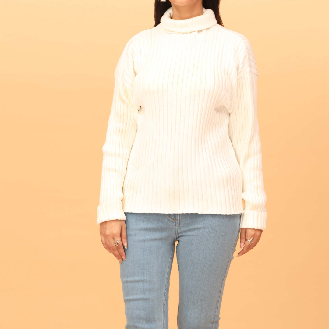 White Plain Cotton High Neck Sweater PW4838