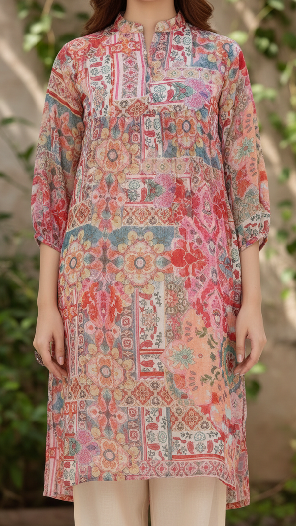 1PC- Printed Chiffon Zari Shirt PW5010