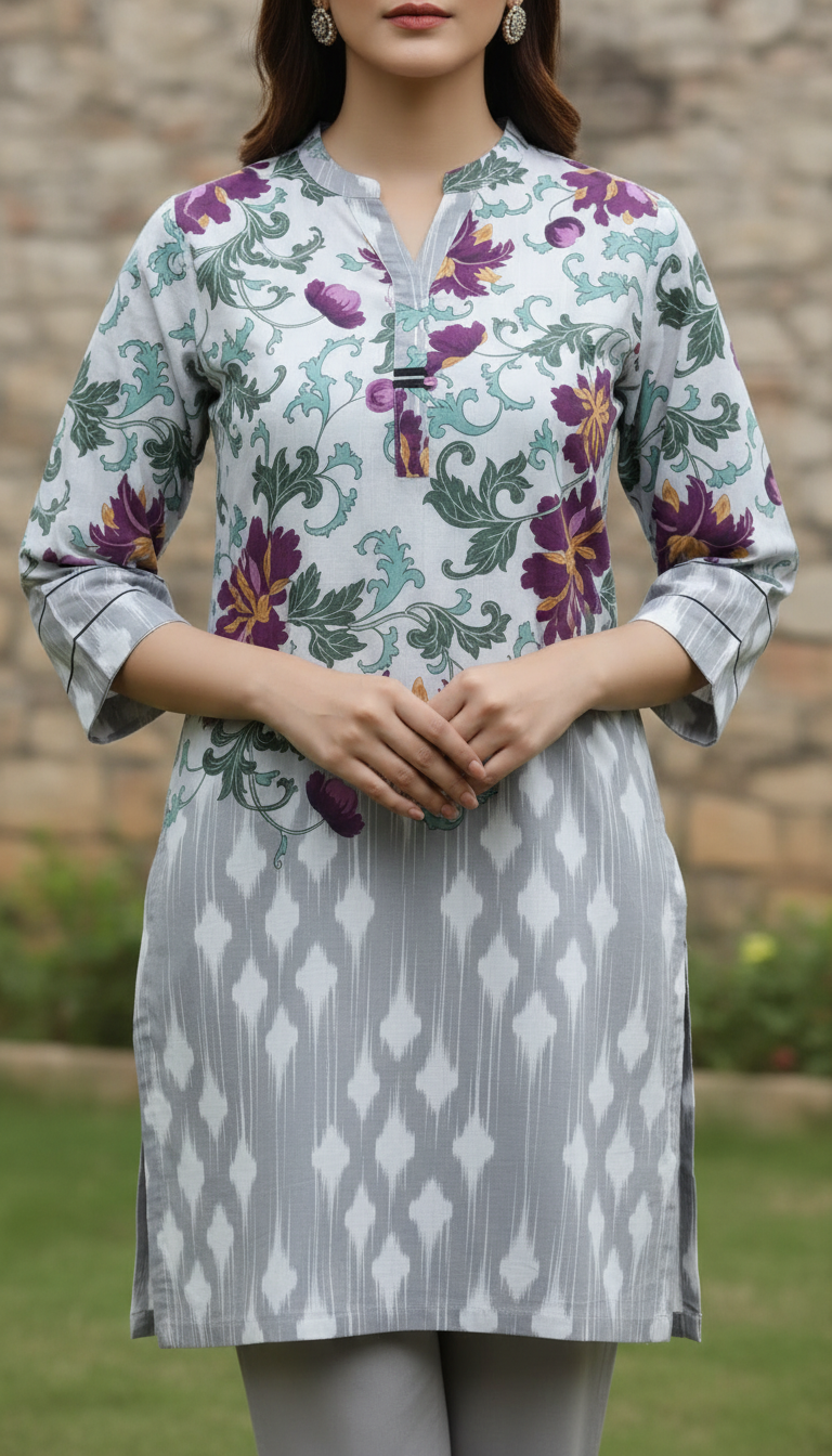 Grey Digital Printed Cotton Cambric Shirt PW5020