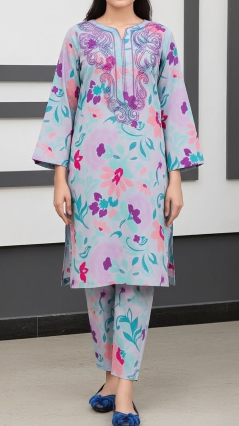 2PC- Digital Printed Cotton Cambric Co-Ord Set PW5073