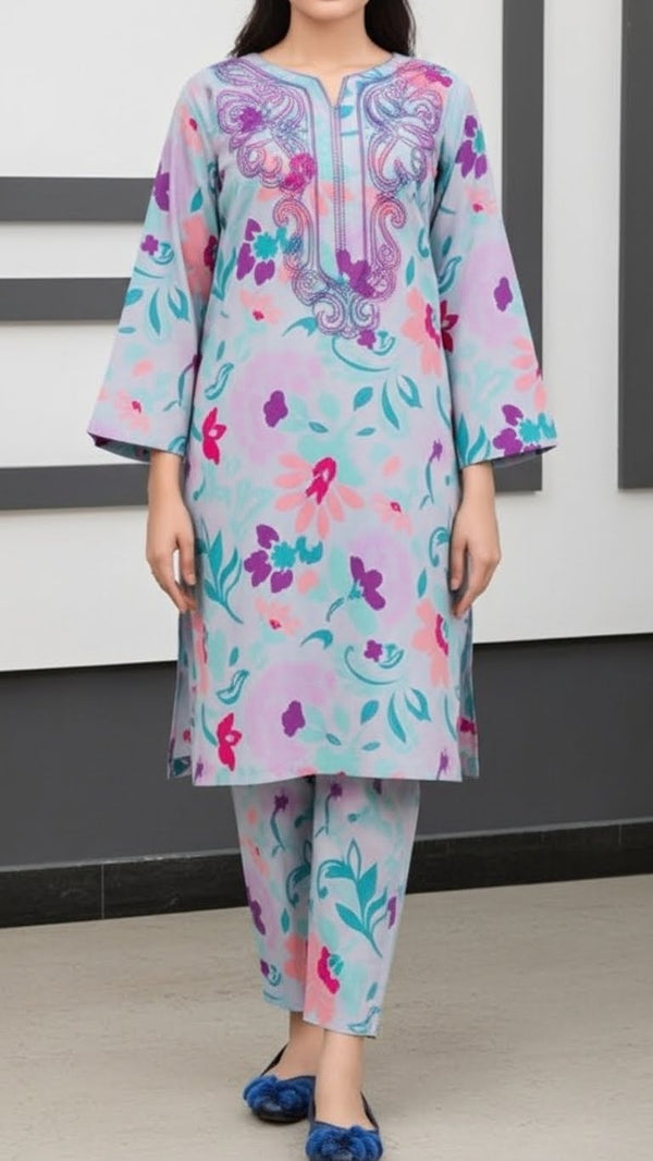 2PC- Digital Printed Cotton Cambric Co-Ord Set PW5073