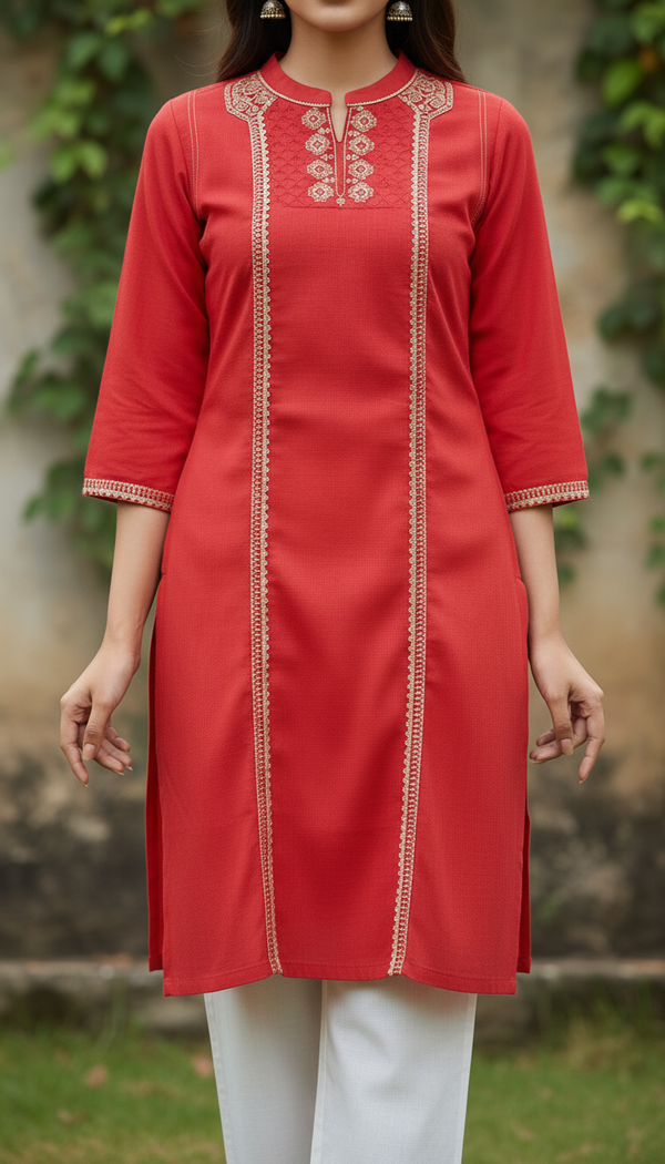 Red Embroidered Lawn Karandi Shirt PW5078