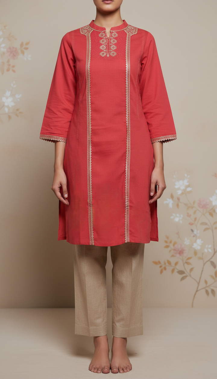 Red Embroidered Lawn Karandi Shirt PW5078