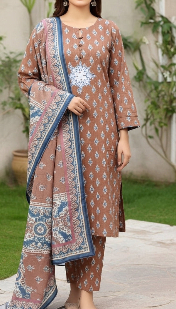 3 PC Digital Printed Cotton Cambric Suit PW5086