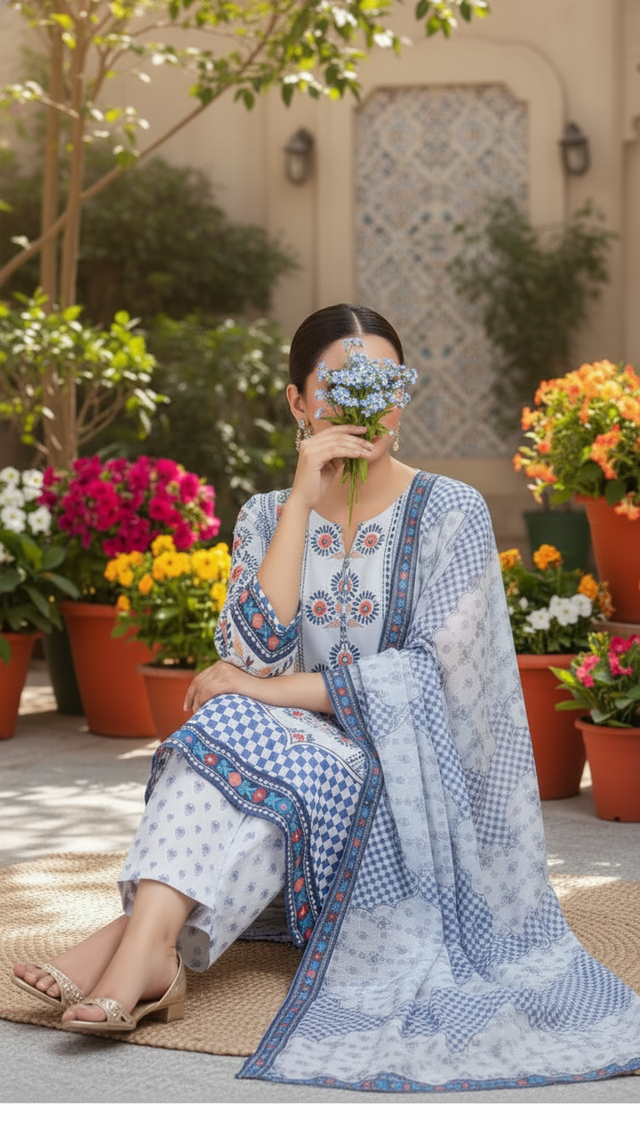 3 PC Digital Printed Cambric Suit PW5138