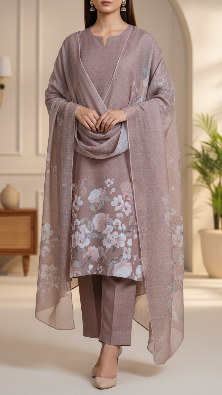 3 PC Digital Printed Raw Silk Suit PW5143