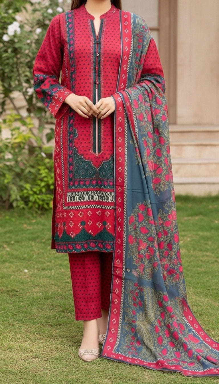 3 PC Digital Printed Cotton Cambric Suit PW5144