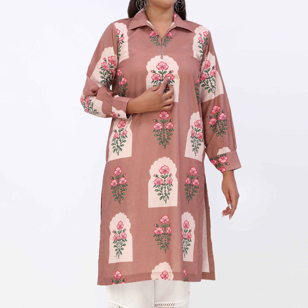 Brown Printed Cambric Shirt PW5157