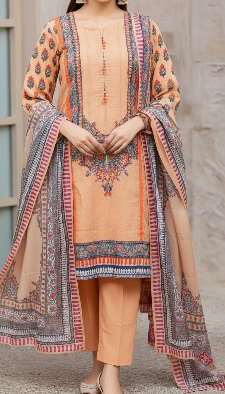 3 PC Digital Printed Cotton Cambric Suit PW5166