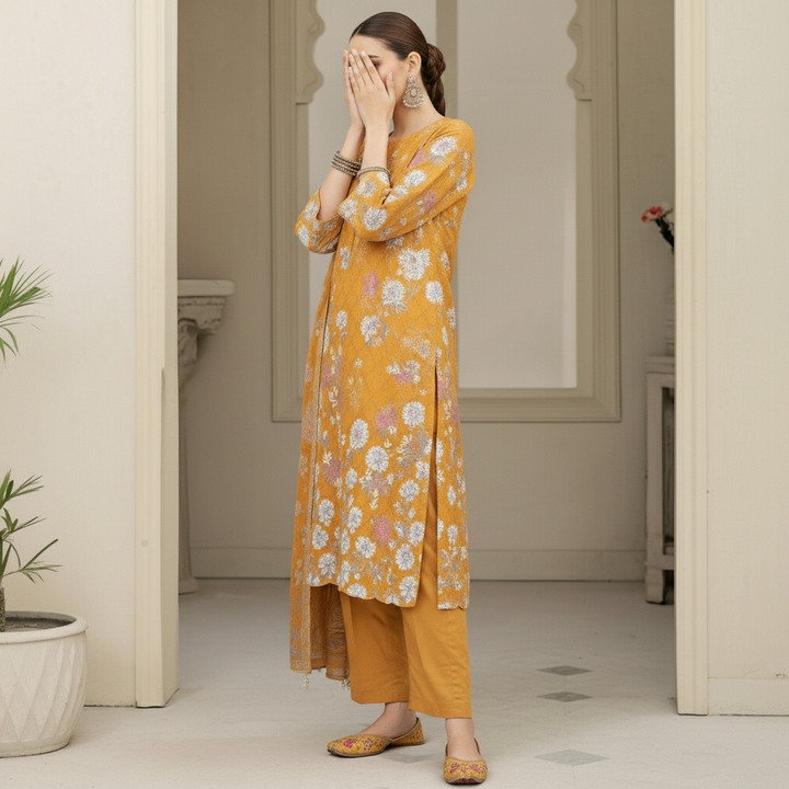 3PC Digital Printed Raw Silk Suit PW5172
