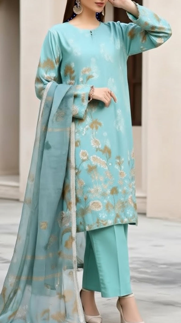 3PC Digital Printed Raw Silk Suit PW5173