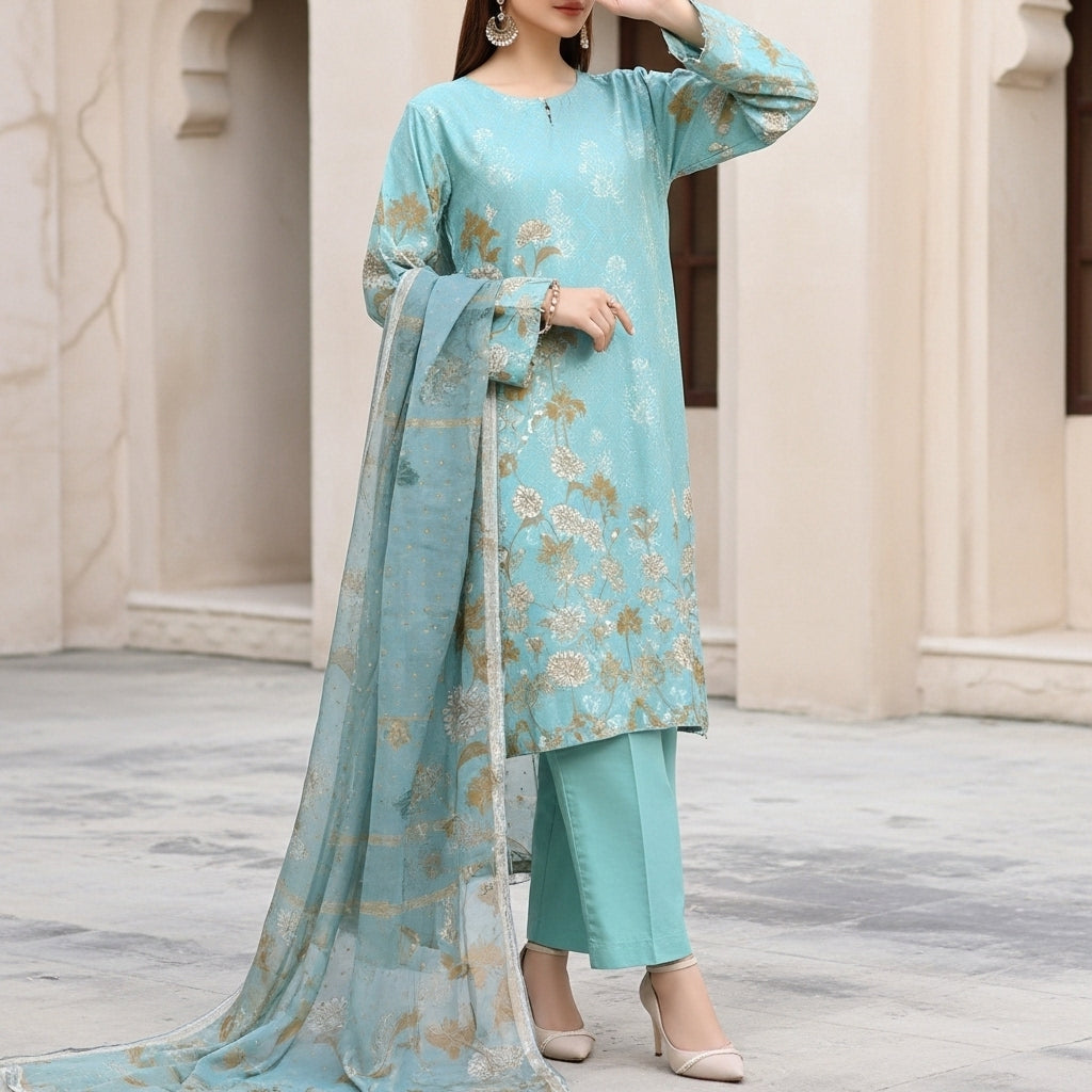 3PC Digital Printed Raw Silk Suit PW5173