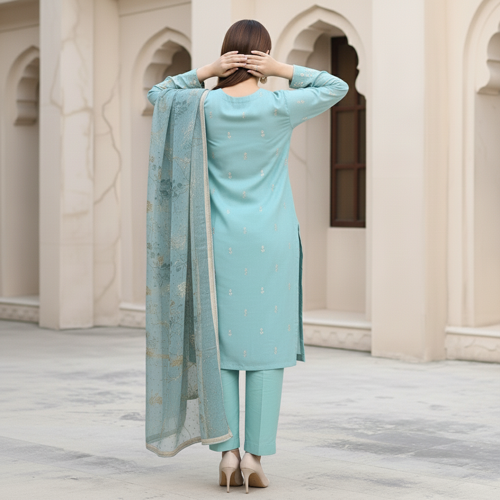 3PC Digital Printed Raw Silk Suit PW5173