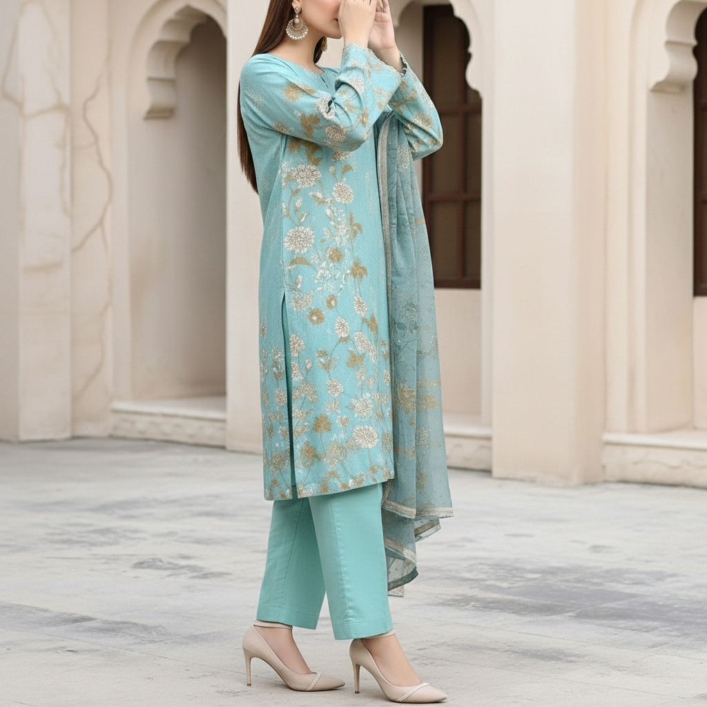 3PC Digital Printed Raw Silk Suit PW5173