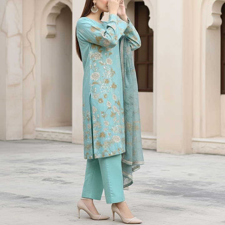 3PC Digital Printed Raw Silk Suit PW5173